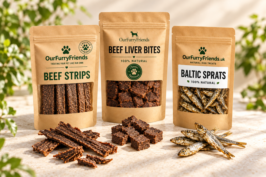Natural dog training treats including beef bites, meaty strips and fish treats from OurFurryFriends.uk