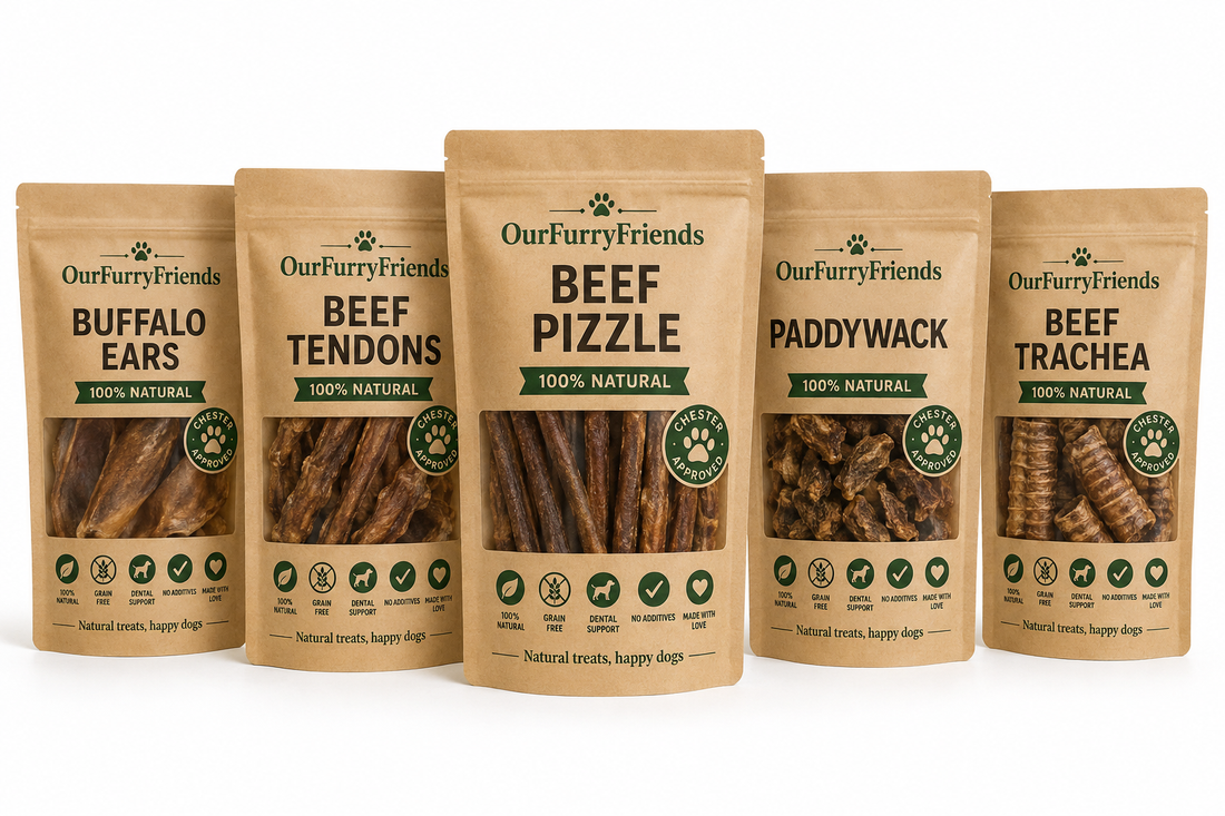 Selection of natural dog treats and OurFurryFriends pouches for a personalised dog treat box.