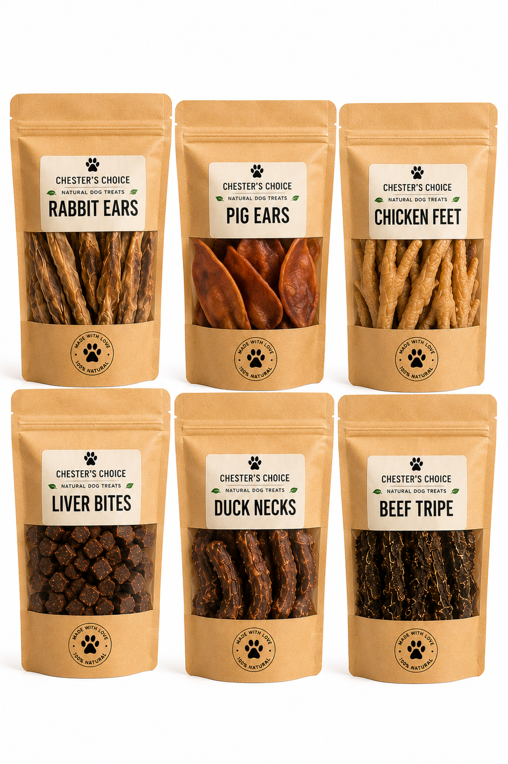 Package of Our Furry Friends Chester’s Choice natural dog treats (6 pack) on a white background