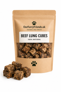 Package of Our Furry Friends beef lung cubes dog treats on a white background