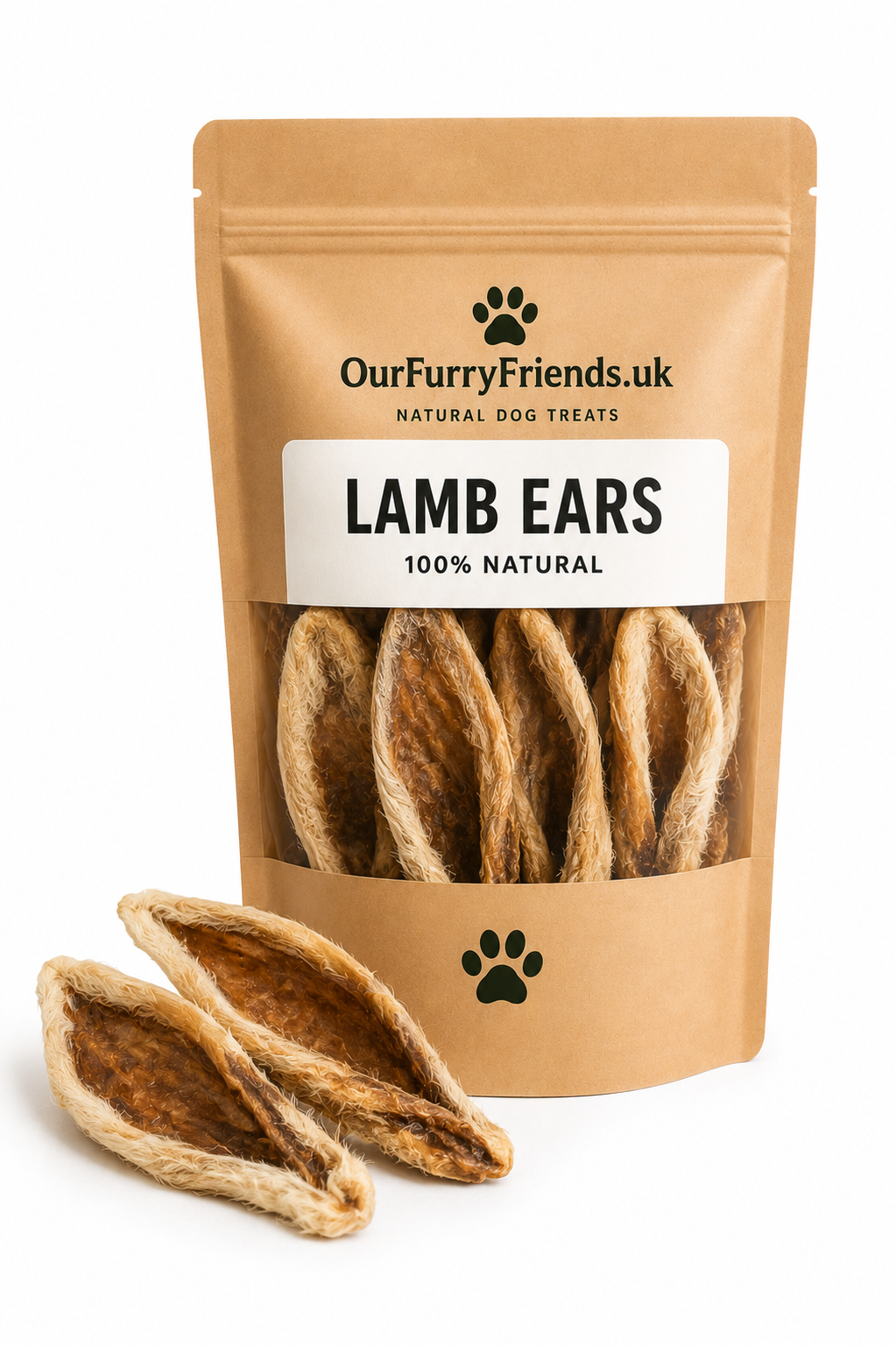 Package of Our Furry Friends lamb ears dog treats on a white background