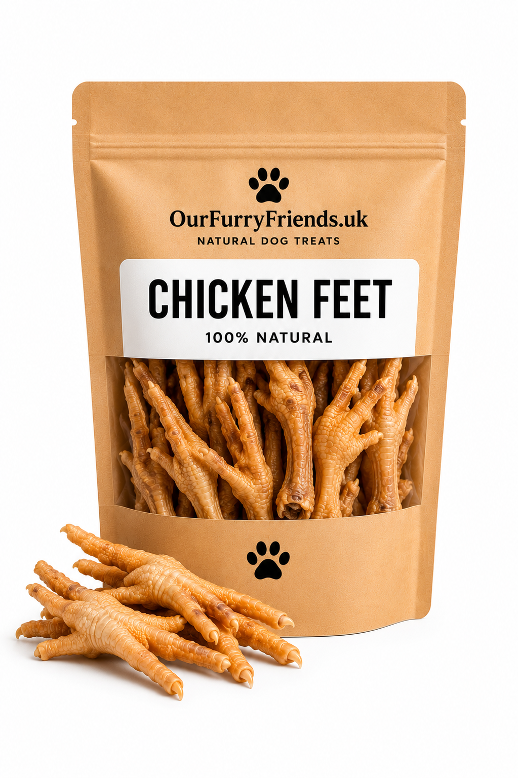 Package of Our Furry Friends chicken feet dog treats on a white background