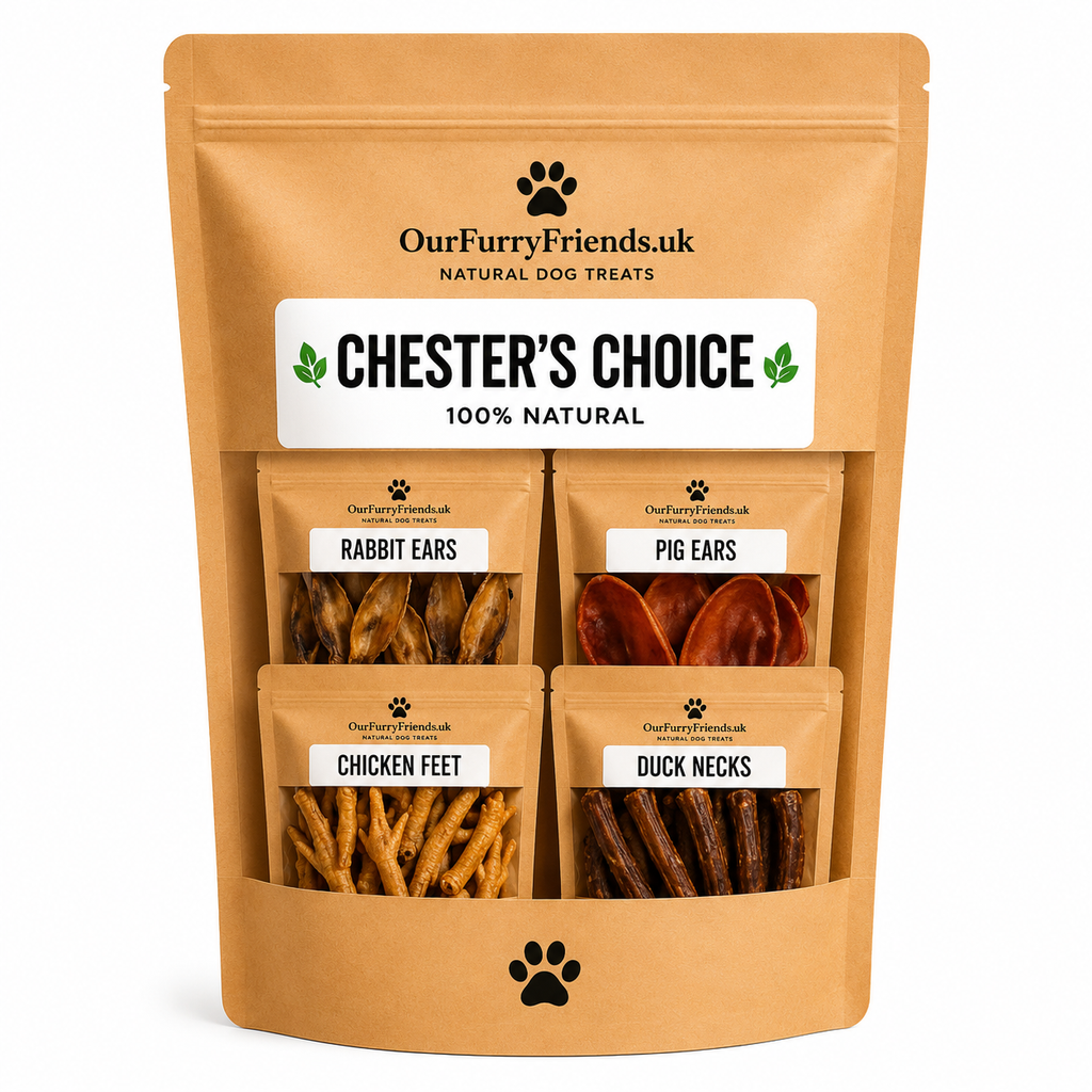 Our Furry Friends Chester’s Choice natural dog treat subscription options (4, 6 and 8 packs) on a white background

