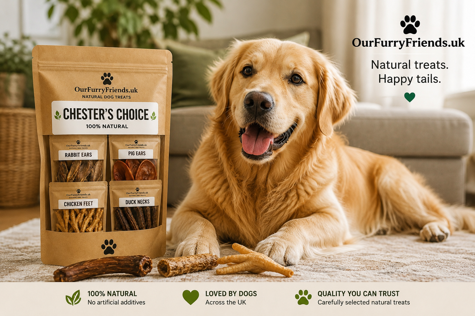 Golden Retriever beside Our Furry Friends natural dog treats and Chester’s Choice treat box

