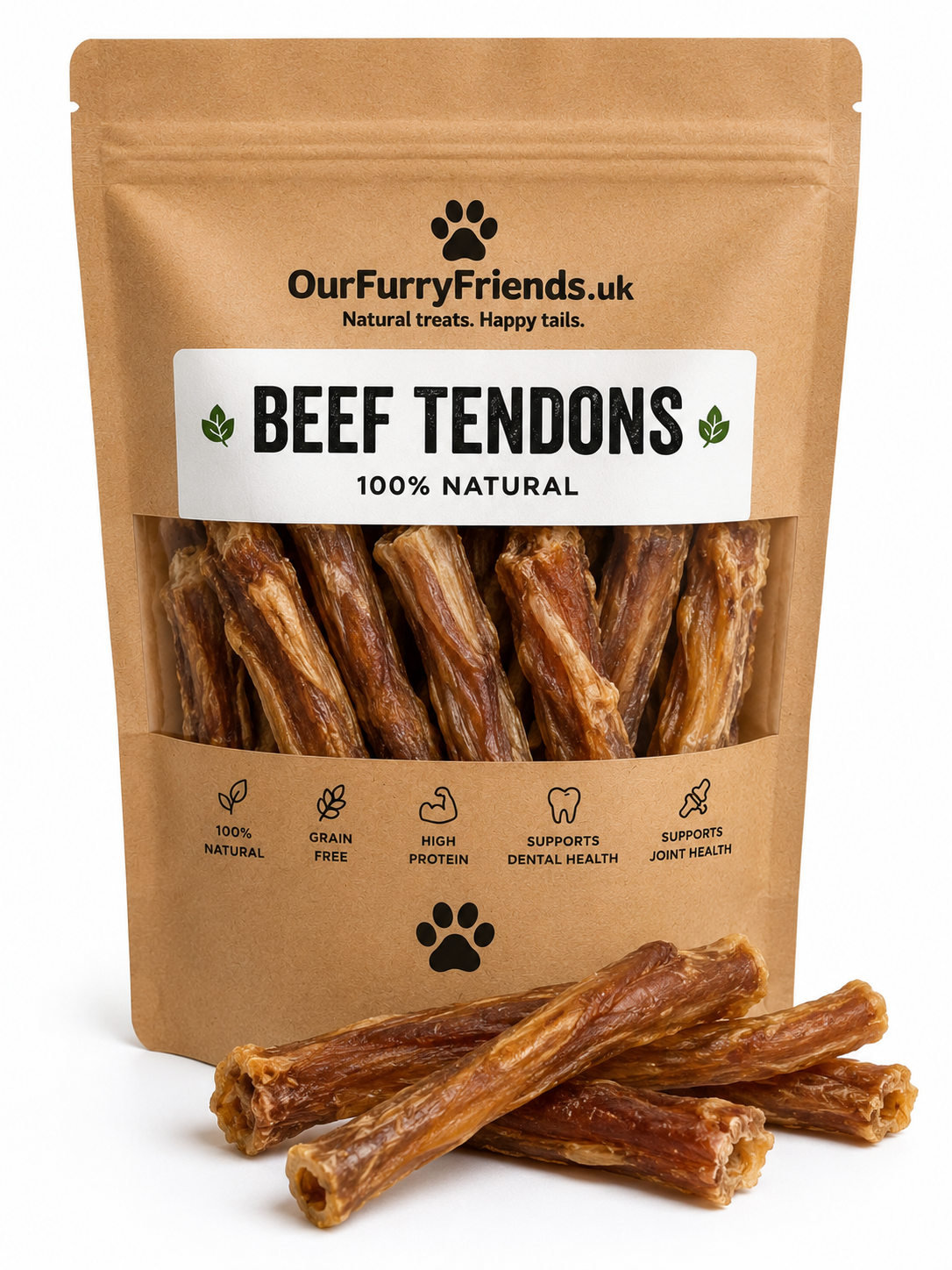Package of Our Furry Friends beef tendons dog treats on a white background