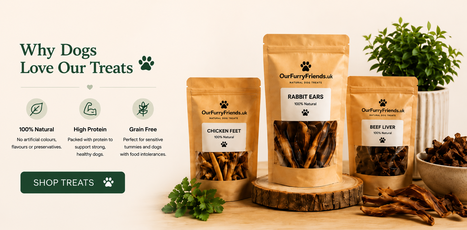Our Furry Friends natural dog treats with 100% natural, high protein and grain free benefits