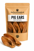 Package of Our Furry Friends pig ears dog treats on a white background