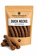 Package of Our Furry Friends duck necks dog treats on a white background