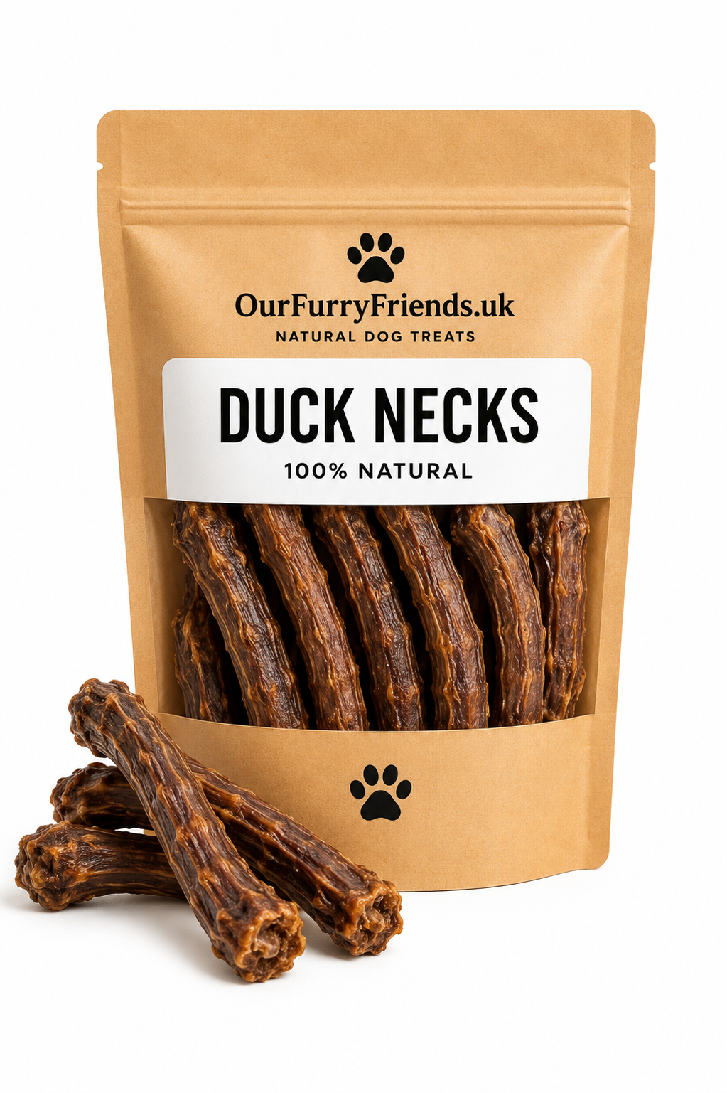 Package of Our Furry Friends duck necks dog treats on a white background