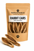 Package of Our Furry Friends rabbit ears dog treats on a white background

